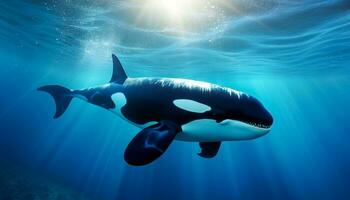 assassino baleia Orcinus orca embaixo da agua fechar acima olhando para presa exposto para luz solar foto