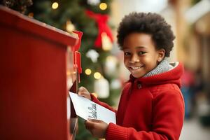 feliz africano americano Garoto colocando uma carta para santa claus dentro a caixa de correio. a Garoto sorrisos e parece às a Câmera. foto