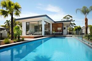 exterior do luxo e moderno lindo mínimo villa com natação piscina, ai gerado foto