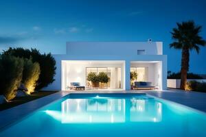 tradicional Mediterrâneo casa com natação piscina verão férias, noite tempo, ai gerado foto