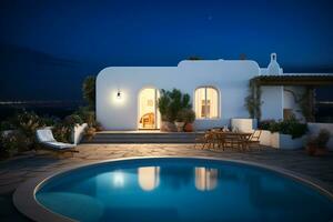 tradicional Mediterrâneo casa com natação piscina verão férias, noite tempo, ai gerado foto