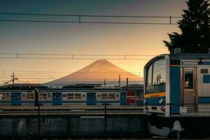 vulcão montar Fuji com pôr do sol céu em estrada de ferro estação às kawaguchiko estação foto