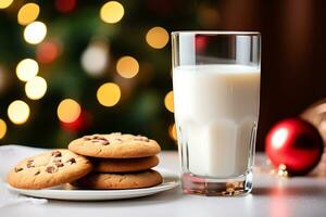 ai generativo. vidro do leite com gengibre Natal biscoitos em branco mesa, borrado bokeh fundo. foto