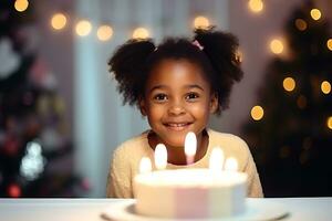 ai generativo. a africano americano menina criança é indo para golpe Fora a velas em uma aniversário bolo. a menina parece às a Câmera e sorrisos foto