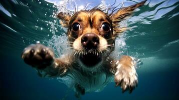 ai gerado fofa pequeno cachorro natação dentro a mar. foto
