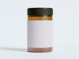 âmbar vidro Cosmético jarra com uma realista textura em branco rótulo branco cor Renderização 3d foto