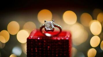 uma espumante diamante anel elegantemente colocada em uma vibrante vermelho caixa.. generativo ai foto