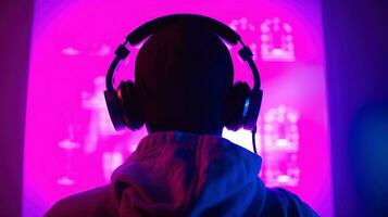 uma pessoa vestindo fones de ouvido dentro uma gravação estúdio, imerso dentro a mundo do som criação.. generativo ai foto