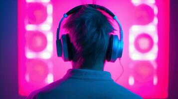 uma pessoa vestindo fones de ouvido dentro uma gravação estúdio, imerso dentro a mundo do som criação.. generativo ai foto