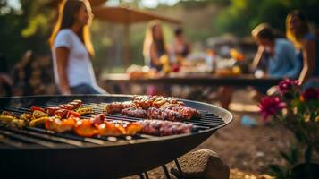 churrasco grade com delicioso grelhado carne, legumes e de outros Comida em verão festa ai gerado foto