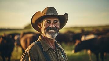 agricultor em pé dentro frente do rebanho do vacas às pôr do sol. foco em homem ai gerado foto