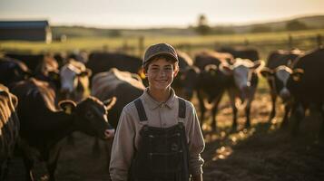 retrato do feliz Garoto em pé dentro estábulo às Fazenda durante pôr do sol ai gerado foto