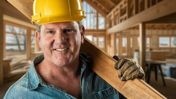 masculino contratante às uma construção local vestindo uma Difícil chapéu e trabalhos luvas segurando madeira madeira. foto