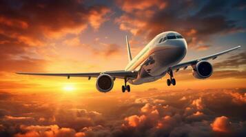 fechar-se avião vôo em a céu nublado durante nascer do sol com ai gerado foto