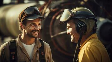 dois engenheiro falando às motor avião construções local com ai gerado foto