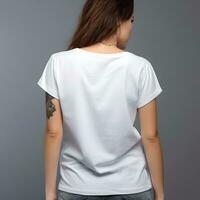 mulher dentro em branco branco camiseta, costas Visão para brincar. generativo ai foto