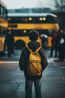 Garoto com amarelo mochila esperando para escola ônibus.generativo ai foto