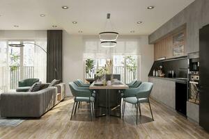 moderno aberto plano apartamento com à moda vivo quarto com jantar área e aberto cozinha dentro 1 sala. 3d Renderização foto