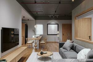 criativo interior Projeto dentro uma estúdio apartamento com elegante de madeira mobiliário. foto