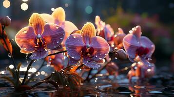 orquídea flor pôr do sol ou nascer do sol céu amarelo luz em dourado horas ai gerado foto