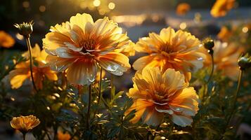 calêndula flor pôr do sol ou nascer do sol céu idílico em dourado horas ai gerado foto