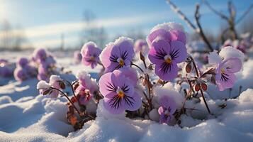ai gerado amor-perfeito flor em inverno neve com Sol luz foto