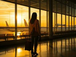 silhueta do mulher com bagagem às aeroporto às pôr do sol generativo ai foto