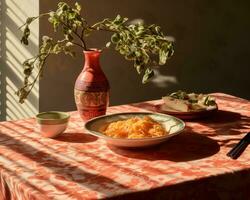 a mesa é coberto com uma vermelho toalha de mesa generativo ai foto