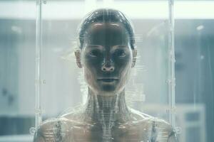 a imagem do uma mulher dentro uma vidro caixa generativo ai foto