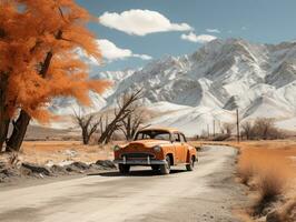 a laranja carro é dirigindo baixa uma estrada dentro frente do montanhas generativo ai foto
