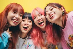 quatro ásia mulheres rindo juntos dentro frente do uma amarelo fundo generativo ai foto
