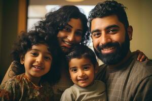 a indiano família poses para uma foto juntos generativo ai