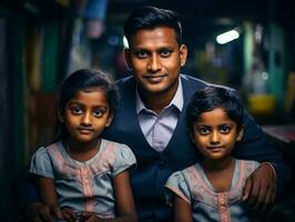 a indiano homem poses com dois pequeno meninas generativo ai foto