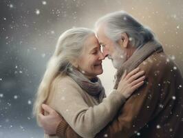 ai gerado ai geração. sorridente idosos casal abraçando contra a pano de fundo do uma inverno rua foto