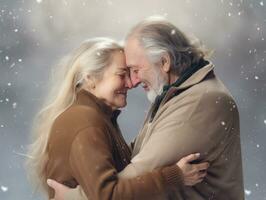 ai gerado ai geração. sorridente idosos casal abraçando contra a pano de fundo do uma inverno rua foto