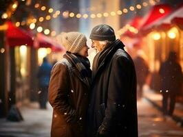 ai gerado ai geração. sorridente idosos casal abraçando contra a pano de fundo do uma inverno rua foto