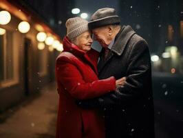 ai gerado ai geração. sorridente idosos casal abraçando contra a pano de fundo do uma inverno rua foto