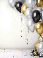 ai gerado ai geração. branco, preto, ouro e prata balões e confete em branco fundo foto