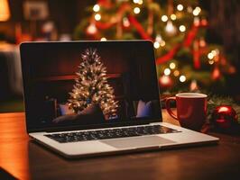 ai gerado ai geração. a aberto computador portátil carrinhos em uma mesa perto a Novo ano árvore. alegre Natal foto