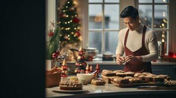 ai gerado multy étnico homem e mulher cozimento, preparando festivo jantar dentro moderno cozinha com Natal decorações foto