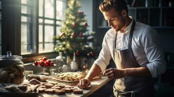 ai gerado multy étnico homem e mulher cozimento, preparando festivo jantar dentro moderno cozinha com Natal decorações foto