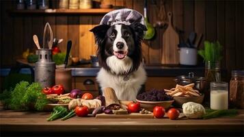 uma Preto e branco cachorro vestindo uma chef chapéu cercado de legumes ai gerado foto