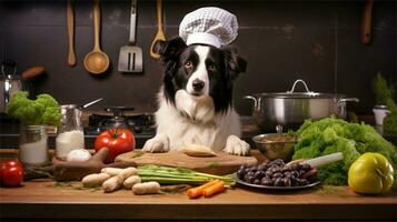 uma Preto e branco cachorro vestindo uma chef chapéu cercado de legumes ai gerado foto