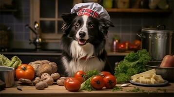 uma Preto e branco cachorro vestindo uma chef chapéu cercado de legumes ai gerado foto