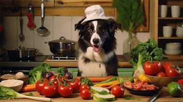 uma Preto e branco cachorro vestindo uma chef chapéu cercado de legumes ai gerado foto