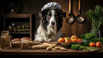 uma Preto e branco cachorro vestindo uma chef chapéu cercado de legumes ai gerado foto