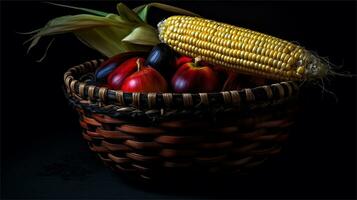 uma cesta preenchidas com milho e tomates ai gerado foto