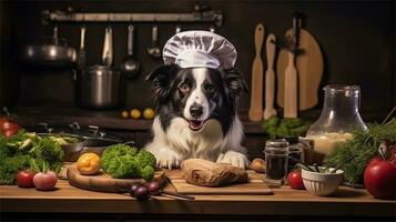 uma Preto e branco cachorro vestindo uma chef chapéu cercado de legumes ai gerado foto