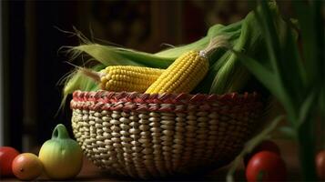 uma cesta preenchidas com milho e tomates ai gerado foto