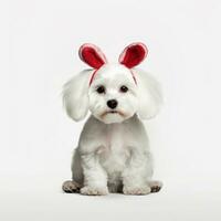 uma branco cachorro vestindo Coelho orelhas e uma vermelho arco, ai gerado foto